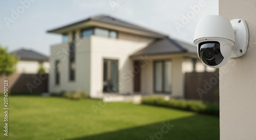 Close-up of CCTV security camera on house exterior. Smart home surveillance system for property protection and safety.