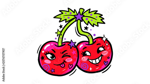 Cute Cherry Character Y2K Retro Cartoon Sticker Illustration Isolated