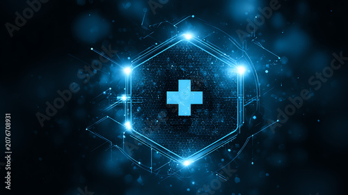 Futuristic medical technology design with glowing blue hexagon and cross symbol, representing healthcare innovation.