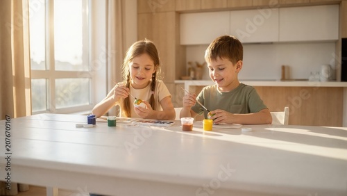 Two children painting Easter eggs at white table in sunlit kitchen. Smiling siblings decorating eggs for spring holiday celebration. Creative kids craft activity at home