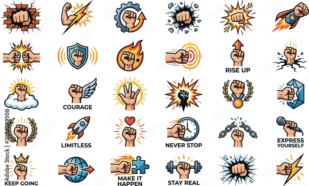 Fototapeta premium Motivational Power Fist Icons Collection with Success, Strength, Courage and Achievement Vector Designs