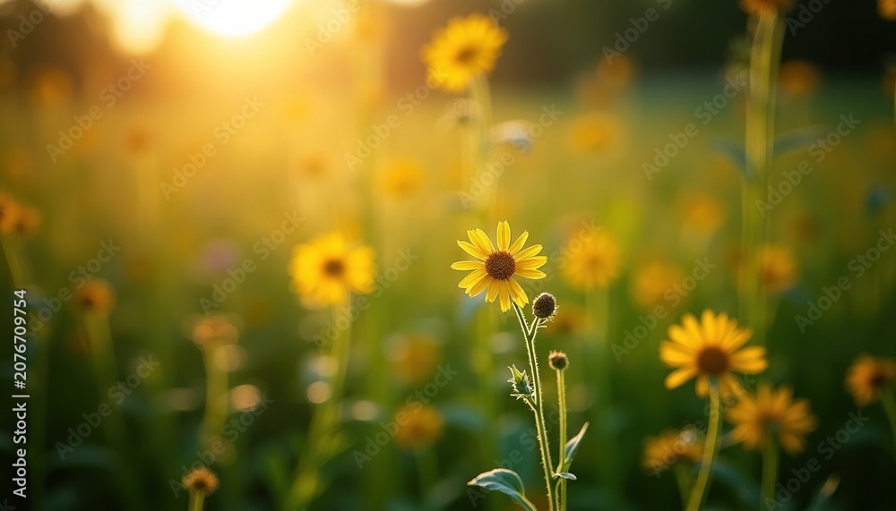 Fototapeta premium Field of flowers in a meadow at sunset. Delicate bloom