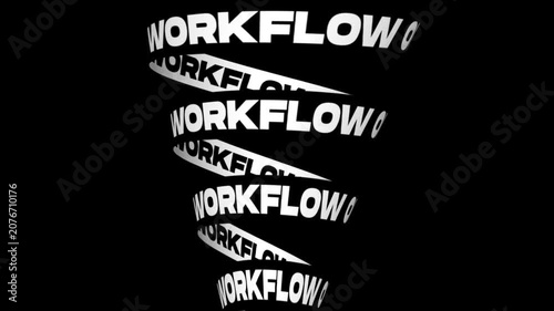Abstract spiral workflow orchestration graphic on black background motion graphic showing the word