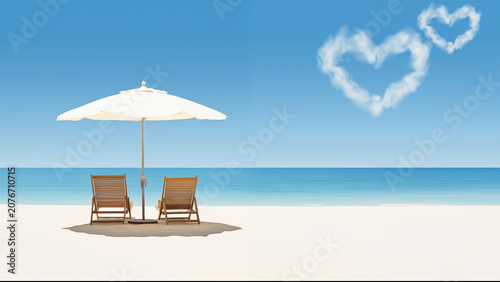 Two beach chairs with an umbrella in summer vacation