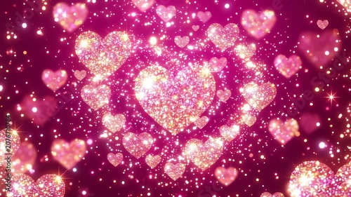 A vibrant display of sparkling pink hearts and glitter against a rich purple background