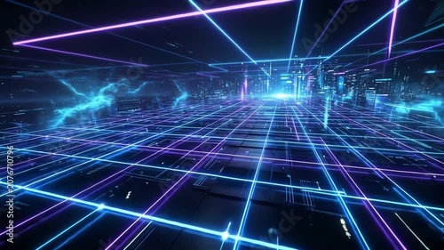 Futuristic digital landscape with glowing neon lines and electric energy in a high-tech environment