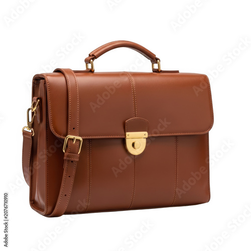 Antique red leather briefcase with metal clasp and handle vintage travel bag isolated on transparent background