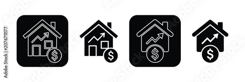 Schilderij op canvas Real estate growth icon with house bar chart and dollar coin vector set, solid style with and without square frame for property value increase and housing market investment symbol