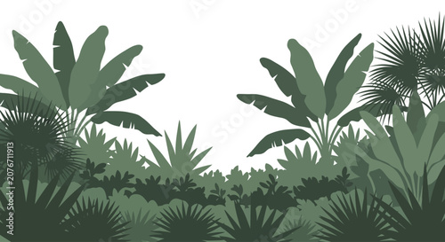 Obraz na płótnie Illustration of dense tropical jungle foliage with large green leaves