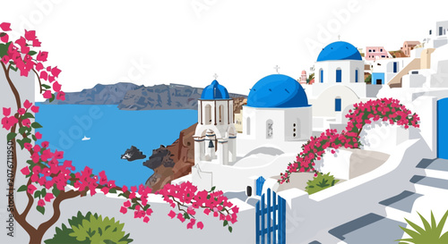 Vector illustration of a Greek island village with blue dome churches and pink flowers