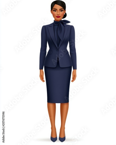 A professional woman wearing a tailored navy blue skirt suit with a bow-tie blouse and matching heels, standing confidently against a white background.