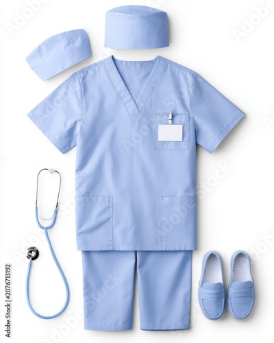 Light blue medical scrubs set with two caps, shoes, and a stethoscope arranged on a white background.