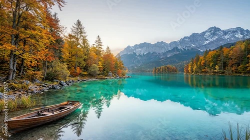 Serene autumn landscape featuring a wooden boat on a tranquil lake surrounded by mountains