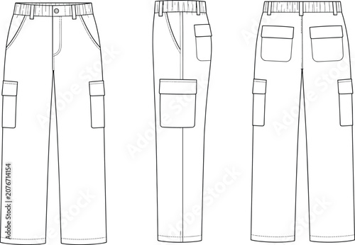 Obraz na płótnie Technical fashion flat sketch vector of cargo pants showing front side and back