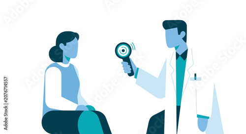 Doctor uses handheld AI diagnostic tool to examine patient's eye in modern clinic, showcasing advanced medical technology.