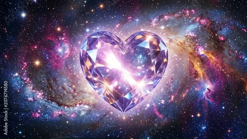 A sparkling purple heart-shaped diamond floating in a vibrant cosmic galaxy filled with stars