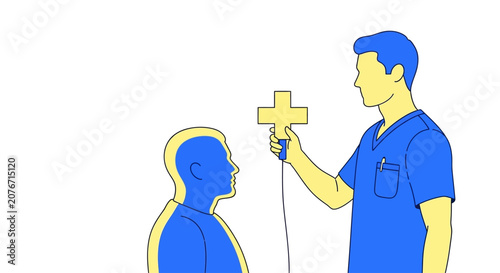 Doctor uses handheld AI diagnostic tool to scan patient's head in modern clinic, futuristic medical technology concept