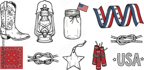 Canvastavla Rustic American Independence Day hand drawn illustrations with cowboy boot, lant