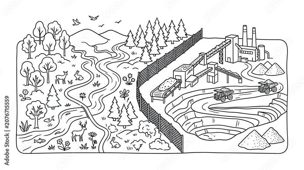 Fototapeta premium Nature vs Industry: Pristine Forest Landscape Divided from Industrial Mining Operation