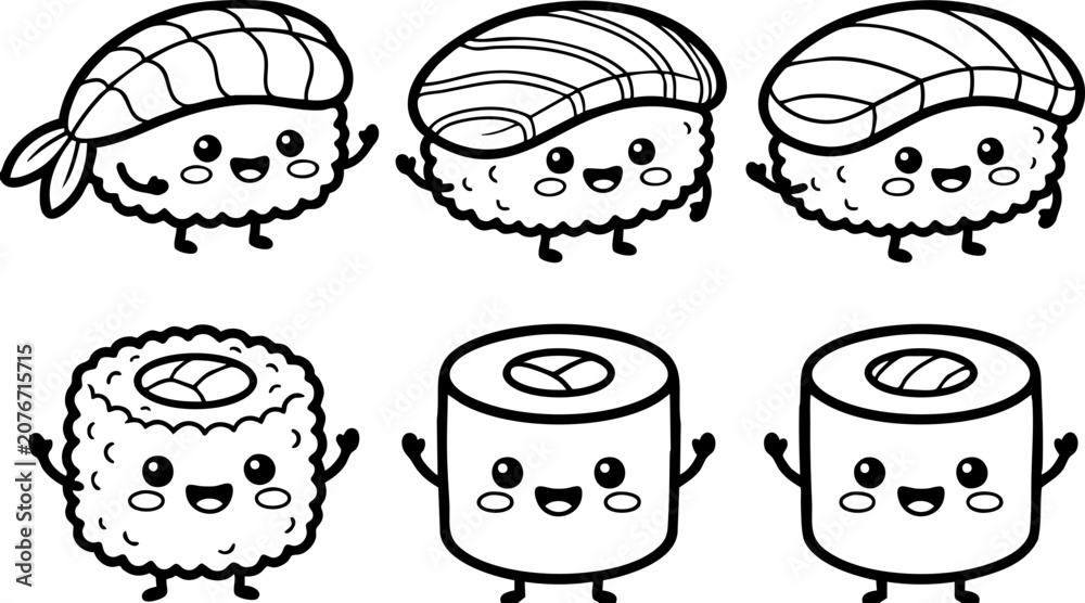 Fototapeta premium Cute kawaii sushi characters set featuring friendly nigiri and maki rolls in a clean vector illustration