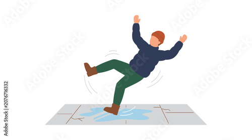 Man slipping on wet pavement