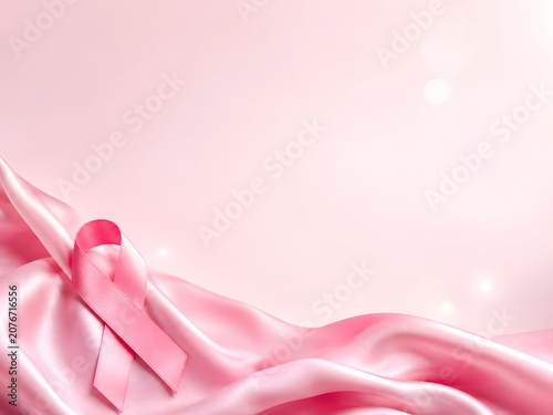 Breast cancer awareness pink ribbon on silk fabric background