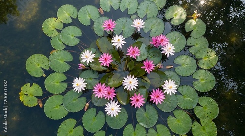 Stunning close-up of a pink and white water lily flower fully blooming on a calm placid green pond, blurred atmospheric background, pure tranquility and natural ecological conservation concept.