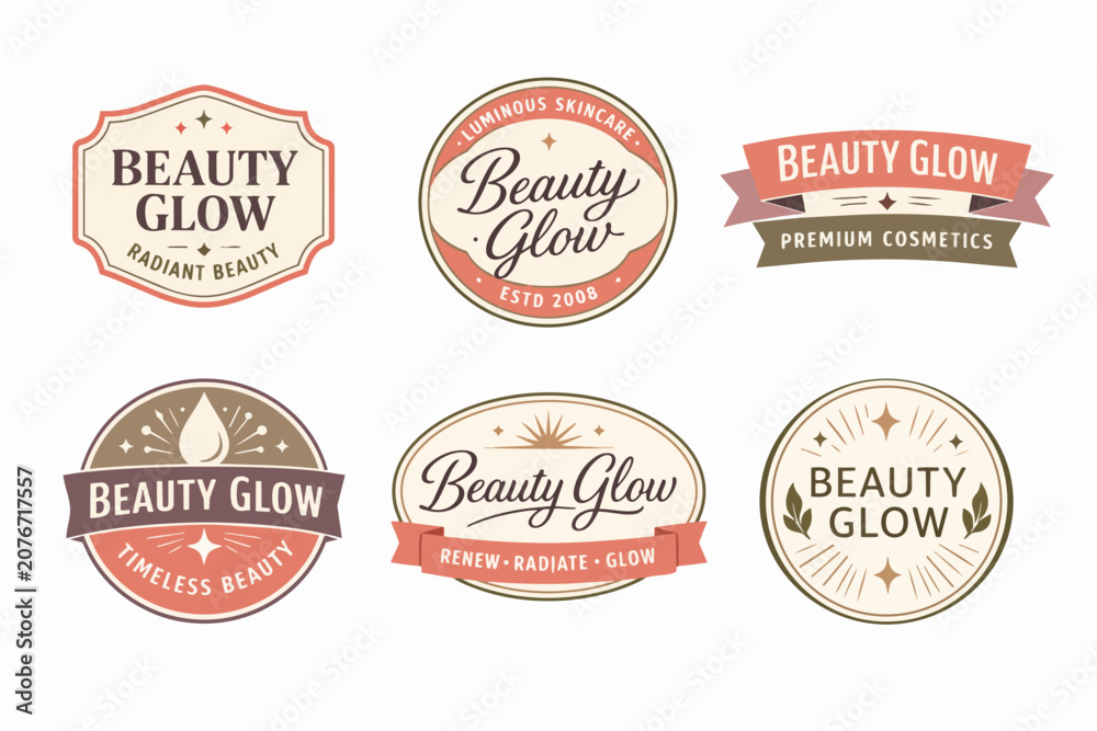 Obraz premium Set of retro-inspired vector logos and emblems using typography, elegant frames, stars, sunbursts, and drops for beauty care