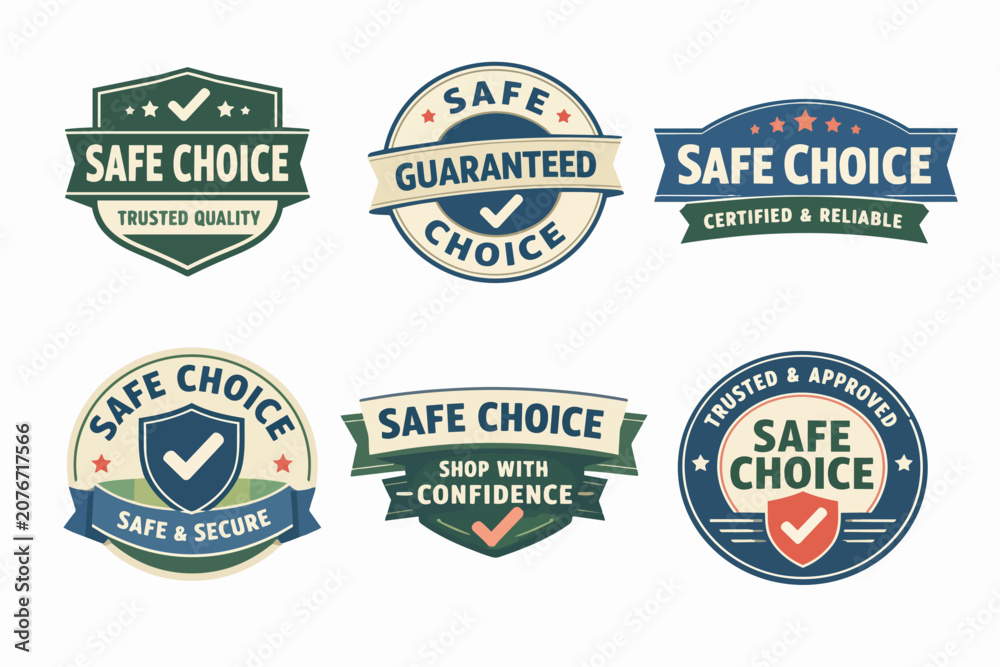 Fototapeta premium Safe choice badges collection displaying guaranteed trust, certified quality, and reliable approval for shopping confidence