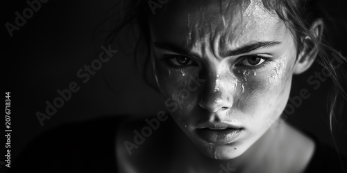 INTENSE CLOSE-UP PORTRAIT OF A CRYING YOUNG WOMAN, TEARS STREAMING DOWN HER FACE, DOMESTIC ABUSE AWARENESS 