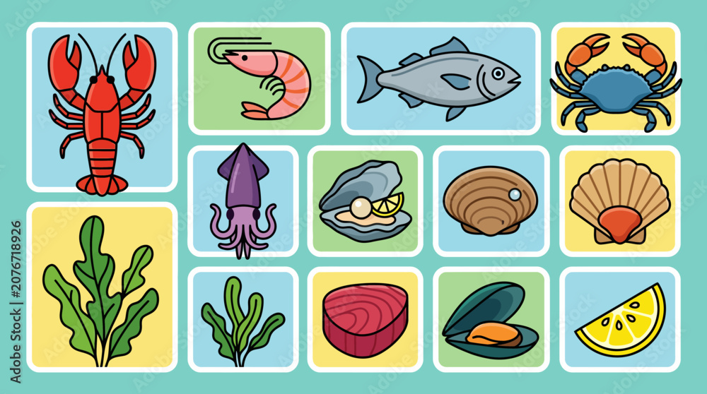 Fototapeta premium Set of colorful seafood and aquatic life icons including fish shellfish and seaweed.