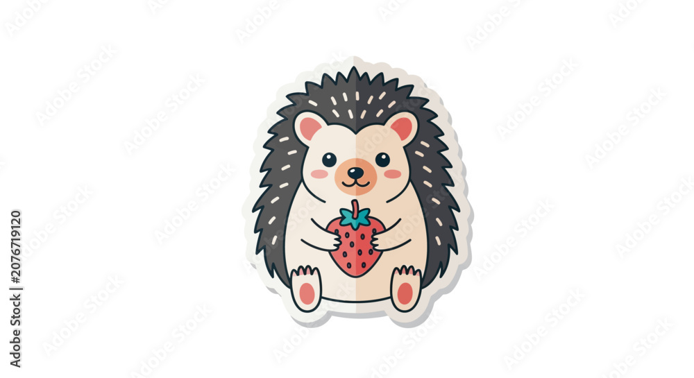 Fototapeta premium Cute Hedgehog Holding Strawberry Sticker, Adorable Cartoon Animal Illustration