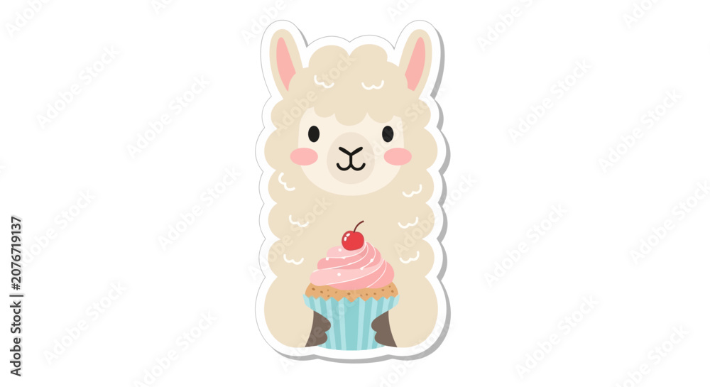 Obraz premium Cute Kawaii Llama Holding a Pink Cupcake with Cherry