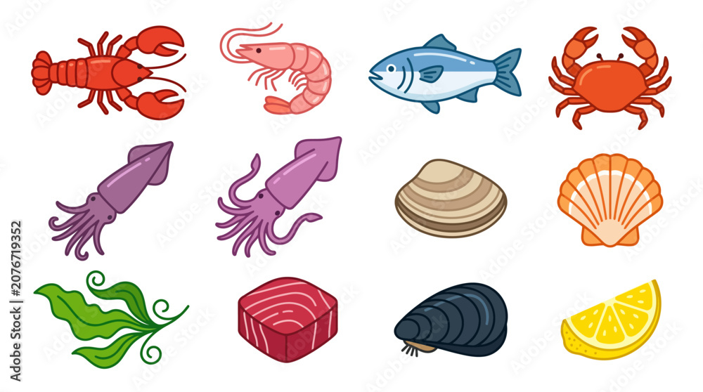 Obraz premium Set of Various Fresh Seafood and Marine Ingredients Illustrations.