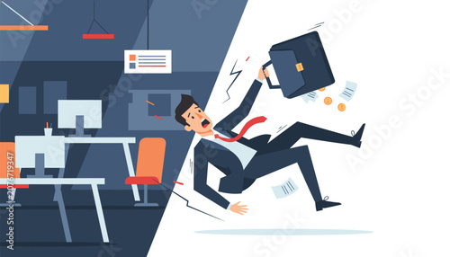 Businessman slipping and falling backwards inside a corporate office with coins and papers flying out of his bag.