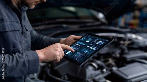 Mechanic diagnosing car engine with digital tablet technology