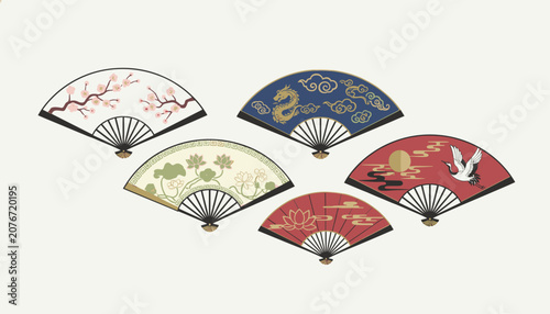 Traditional oriental folding hand fans collection with cherry blossom, dragon, crane, and lotus flower pattern designs.