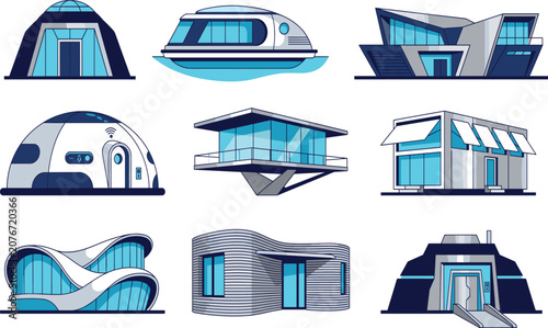 Foto Set of futuristic modern building and architectural structures with innovative d