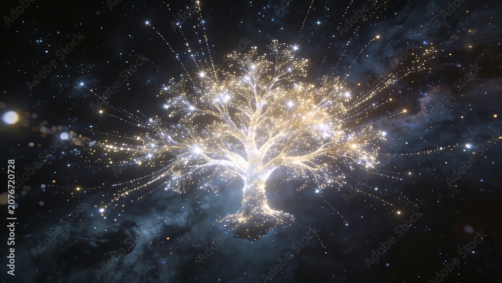 Fototapeta premium Glowing celestial tree representing cosmic energy and wisdom in vast infinite space nebula.