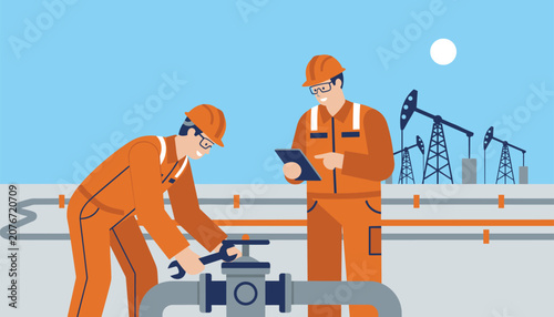 Industrial oil pipeline workers in orange overalls and helmets operating valves and checking data with a tablet near oil pumps.