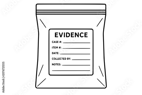 Evidence bag vector illustration, hand-drawn outline forensic storage pouch with label form for crime scene collection, chain of custody, police investigation, laboratory records, and legal proof