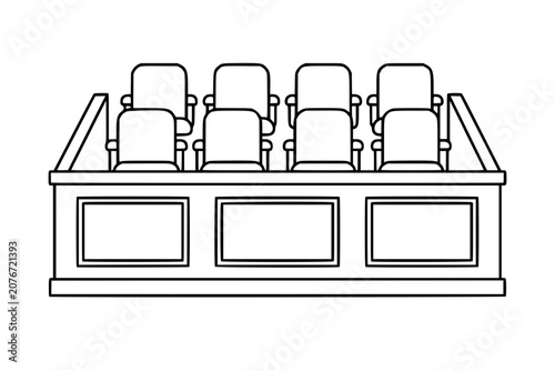 Elevated jury box courtroom vector icon, clean outline illustration of juror seats, wood panel rail, trial gallery and deliberation area for legal process, justice service, civic duty design