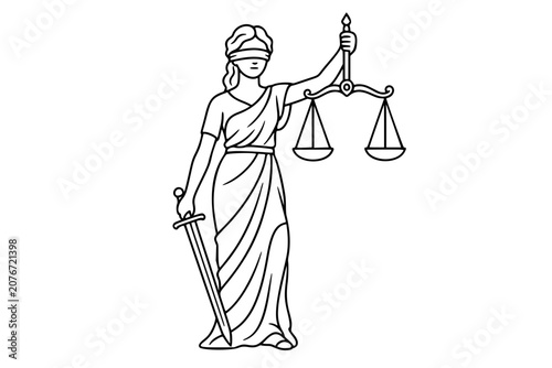Blindfolded Lady Justice vector icon, elegant line illustration with balanced scales, sword and draped robe symbolizing law, fairness, judgment, rights and courthouse ethics design