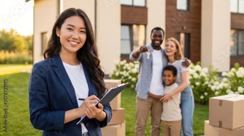 Smiling real estate agent assists happy diverse family holding new house keys outside their modern home.