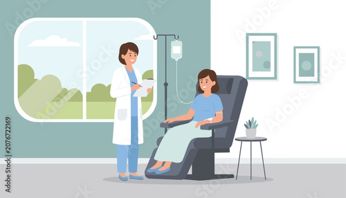 Caring female doctor monitors a smiling patient receiving intravenous therapy in a comfortable medical clinic.
