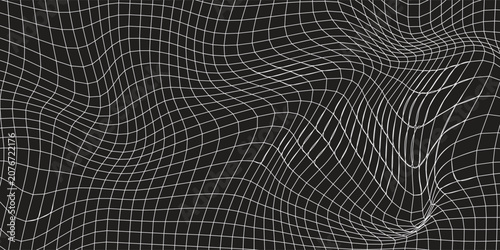 Abstract Distorted Wireframe Grid Background with White Mesh Lines on Dark Surface, Futuristic Geometric Wave Pattern