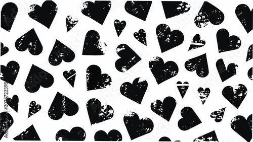 Tableau sur toile Assorted heart shapes create a distressed black and white vector pattern on a wh