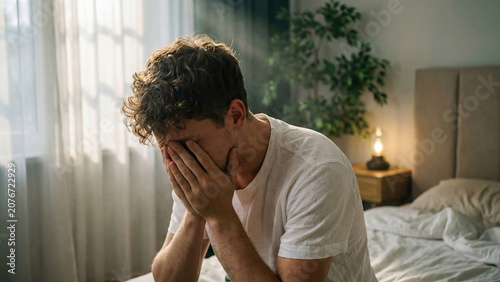 Sad and depressed young man sitting on bed with hands covering his face in morning light.