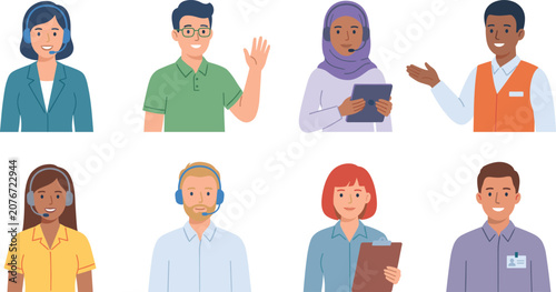 Schilderij op canvas Customer Service Team Avatars and Support Staff Flat Illustration Collection