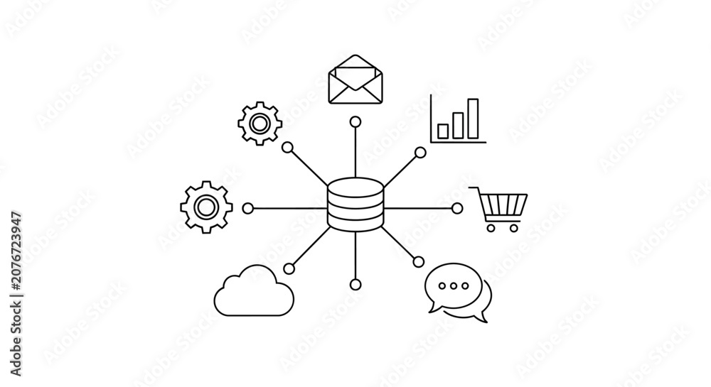 Fototapeta premium The vbnjhgv system connects various icons representing data exchange and communication online.